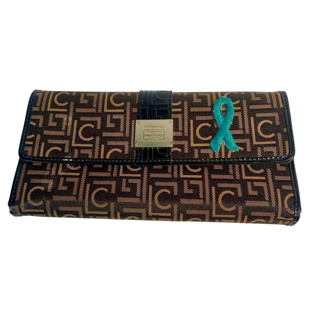 Liz Claiborne Tri Fold Wallet Gold Hardware Beige/Brown Breast Cancer Awareness